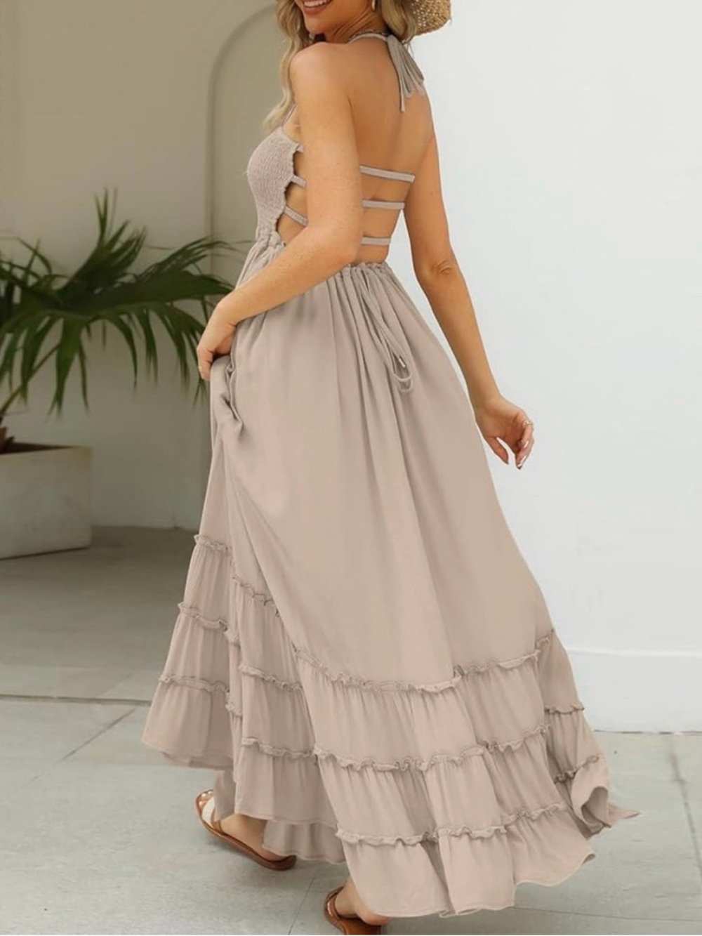 Beige Smocked Maxi Dress Boho Tiered Ruffle Strappy Back Flowy Summer | Size S - Picture 5 of 15